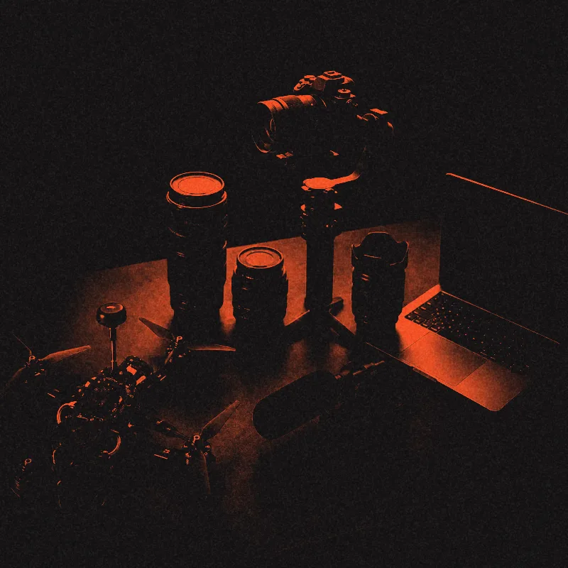 Camera, lenses, gimbal, microphone, drone and laptop laid out on a desk